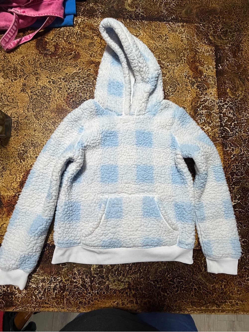jumping beans Plush Hooded Pullover in Light Blue and White Check